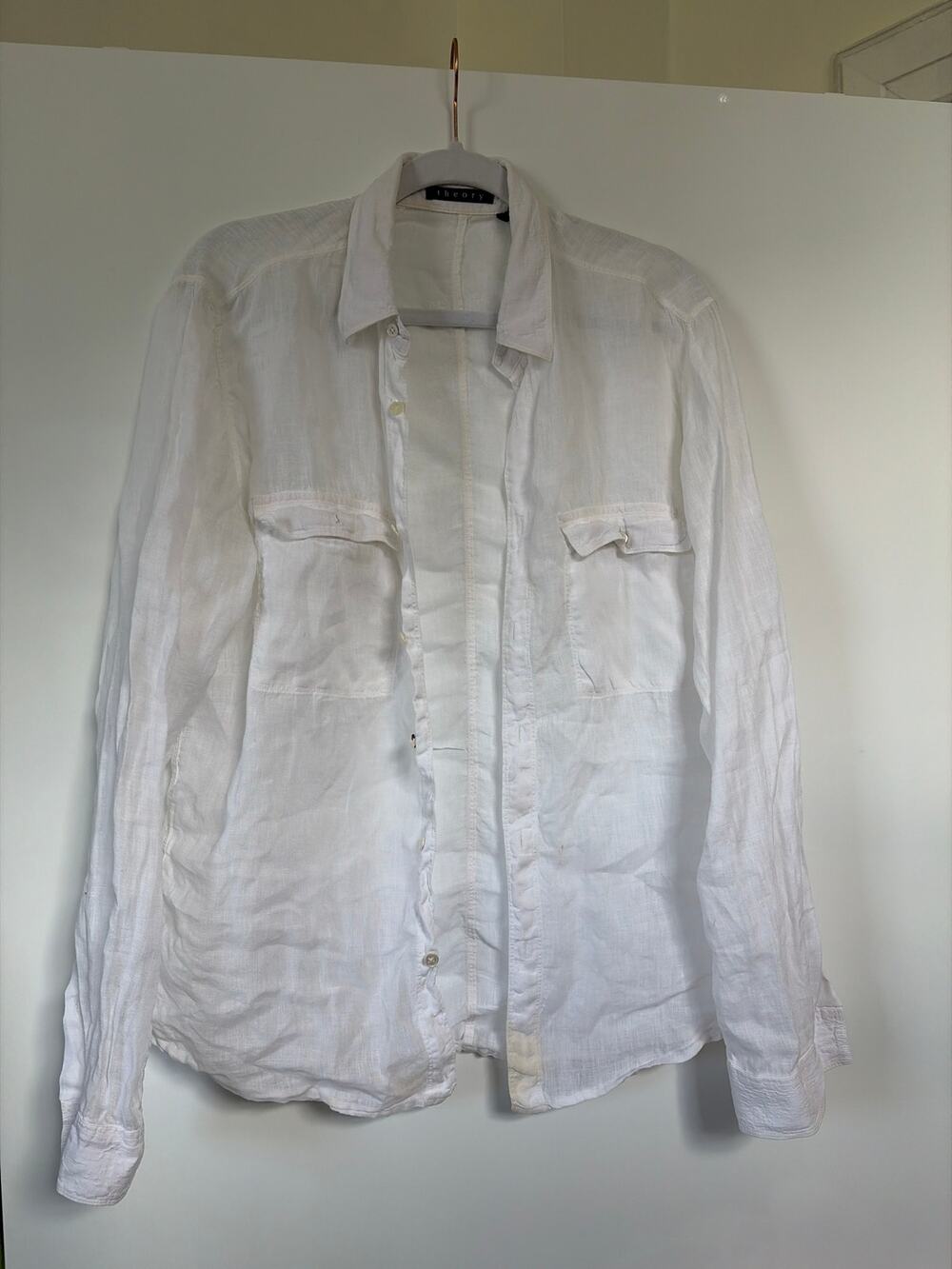 Theory Mens 100% Linen White Button Down Shirt Long Sleeve Chest Pockets